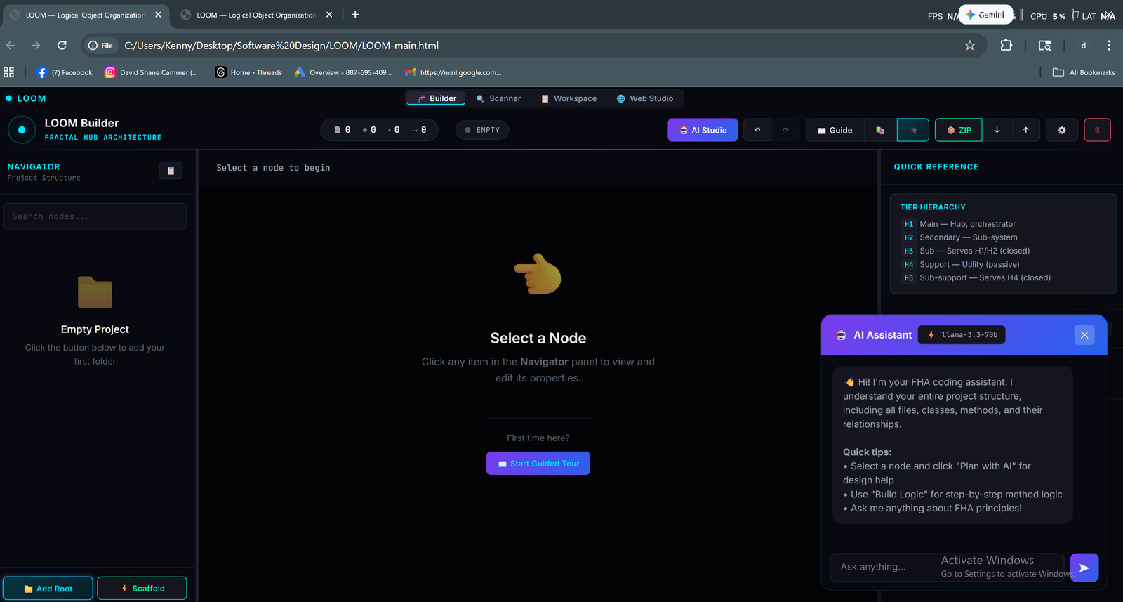 LOOM Builder interface showing the Navigator panel, AI Studio, and project hierarchy with real-time validation
