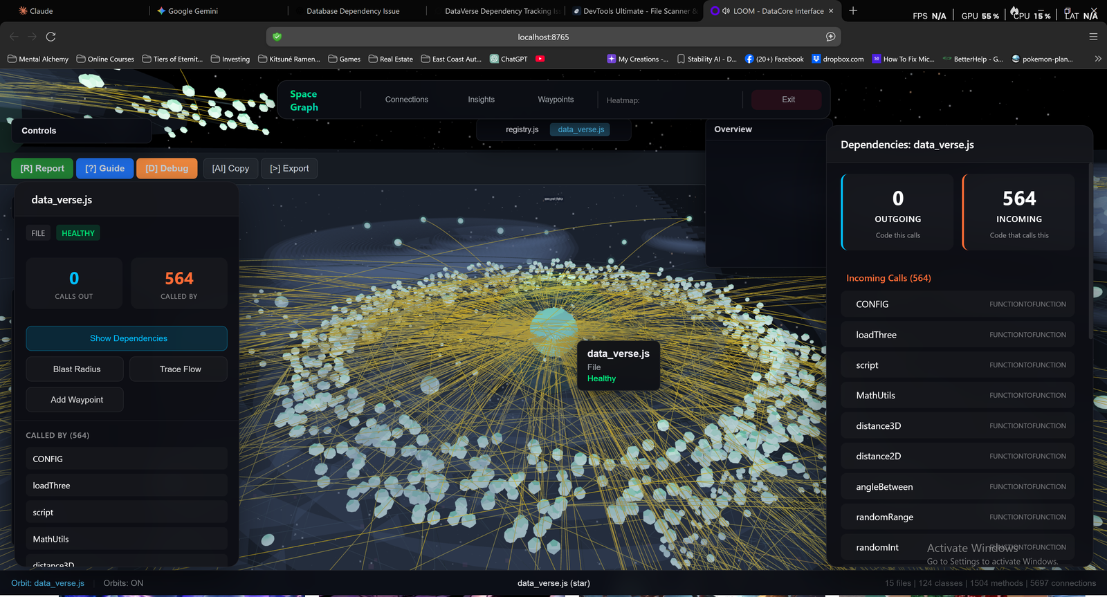 LOOM Call Graph Visualization showing dead code detection with color-coded nodes