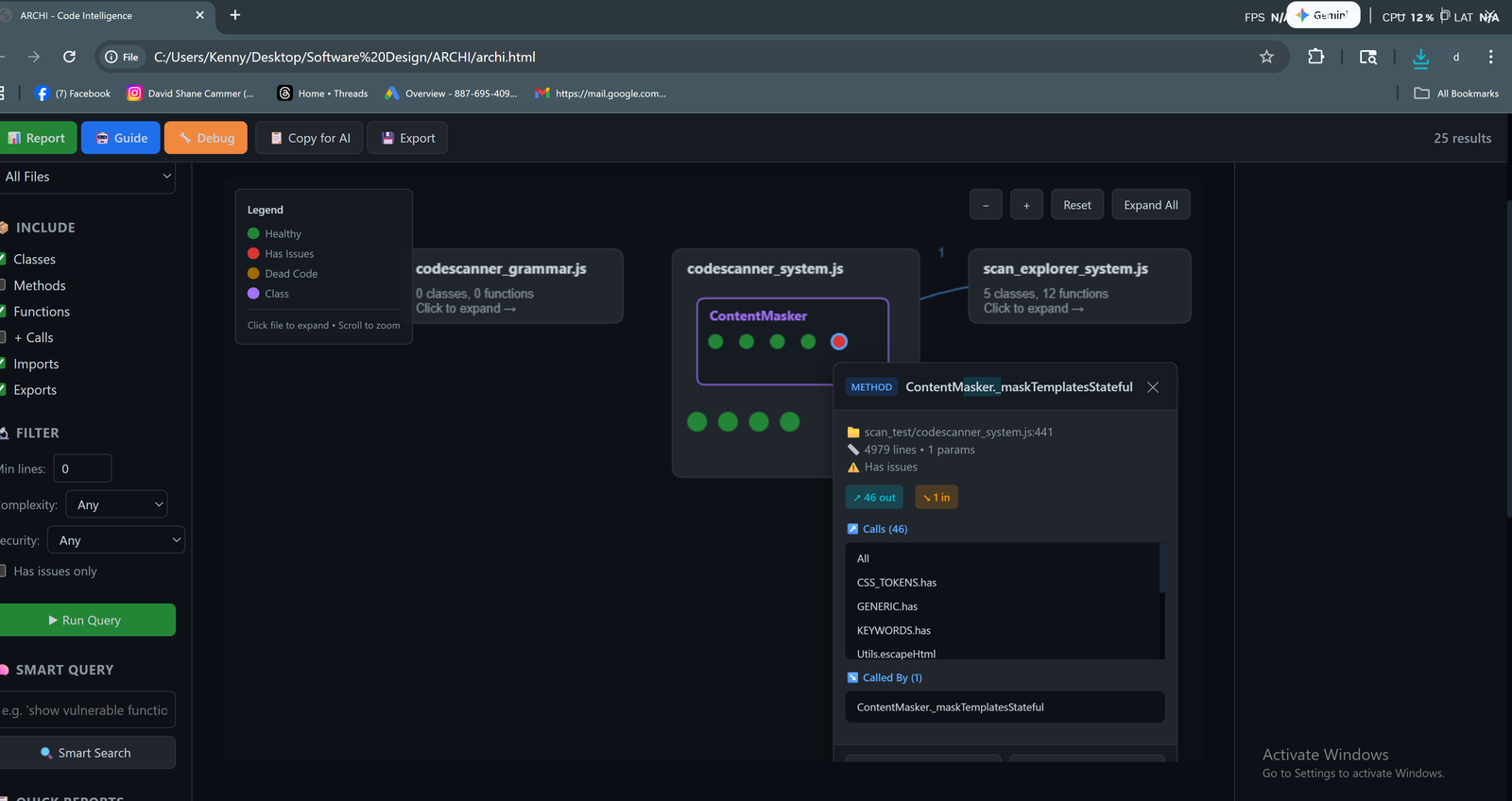 LOOM Code Intelligence showing class dependencies with visual node connections and method details