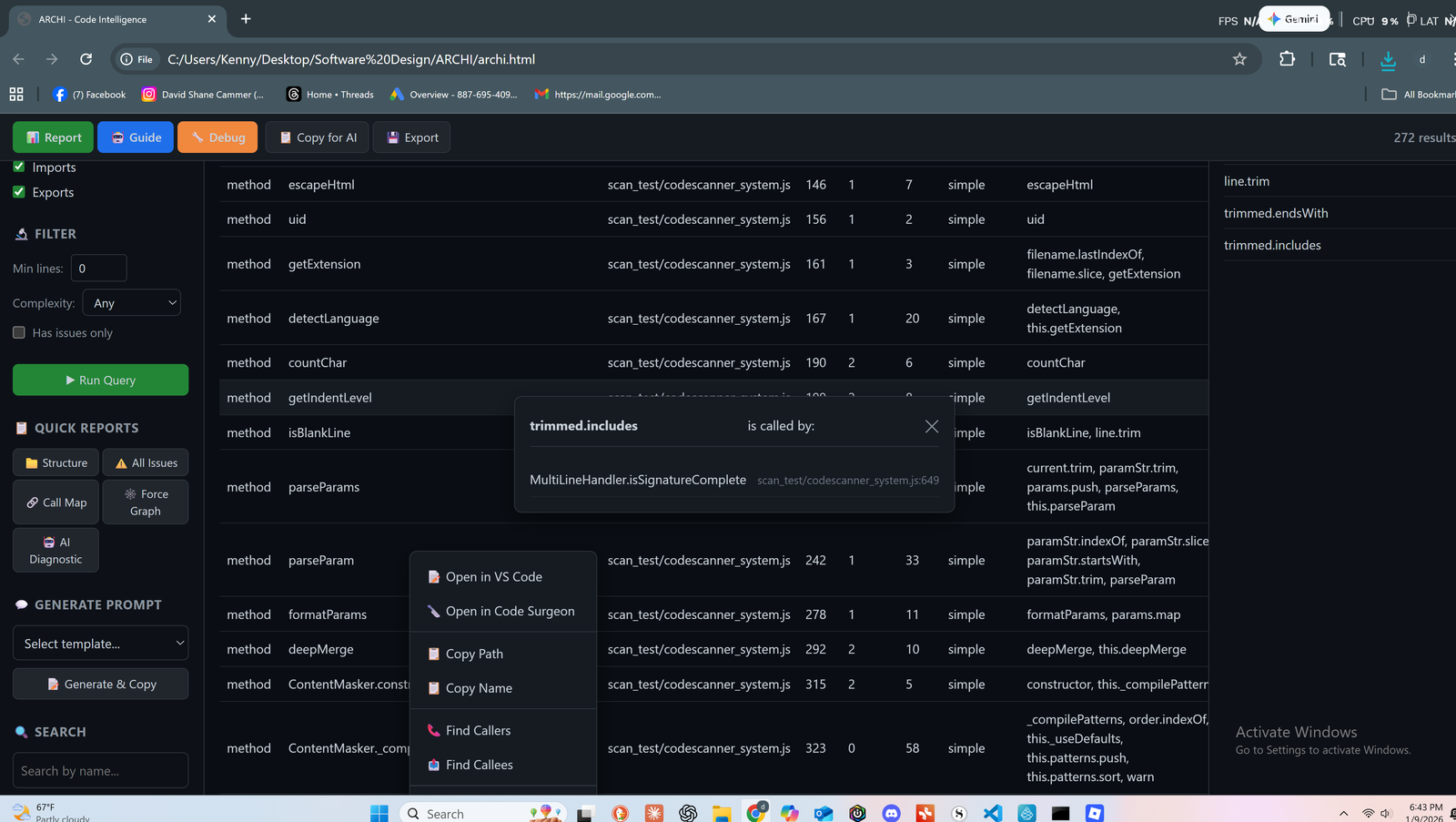 LOOM Code Scanner showing extracted methods with complexity metrics and call relationships