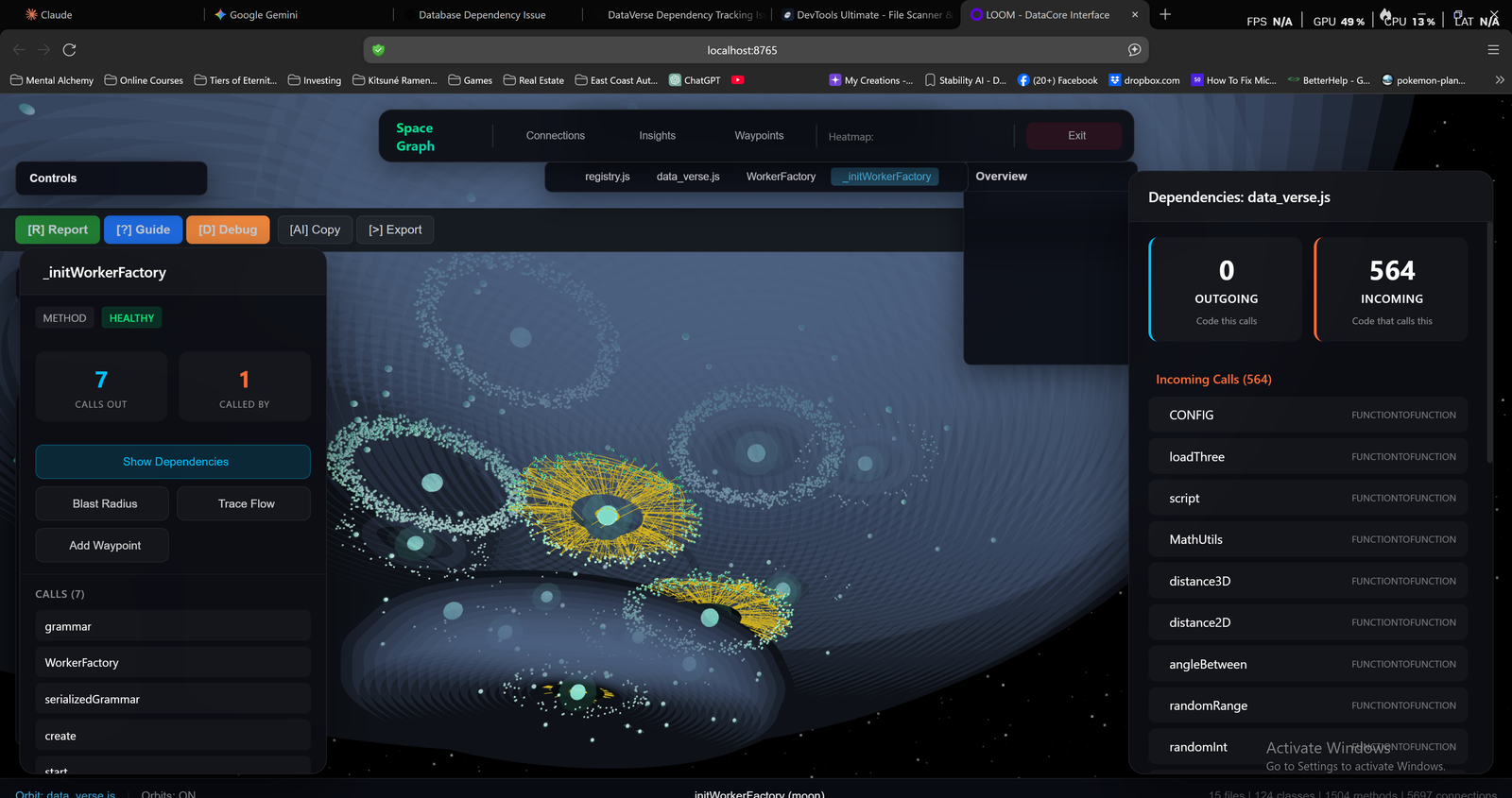 LOOM DataVerse 3D visualization showing codebase as an interactive network graph with color-coded nodes